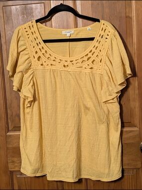 Max Studio Yellow Crochet Yoke Flutter Sleeve Blouse